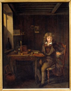 A young student preparing the colors of his master by Jean Michel Grobon