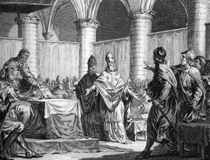 Establishment of ecclesiastical tithes by Pépin le Bref and Carloman (743). Engraving after Moreau the young 18th century engraving. Private collection by Jean Michel the Younger (after) Moreau