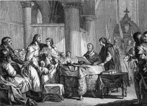 Abdication of Carloman for the benefit of his brother, Pepin III, 747 (engraving by Jean Michel Moreau) by Jean Michel the Younger Moreau