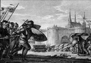 Viking army attacking Saint Germain des Pres and his abbey (engraving) by Jean Michel the Younger Moreau