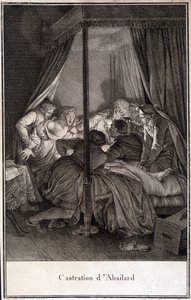 Castration of Pierre Abélard or Pierre Abailard French philosopher and theologian (1079 to 1142). engraving by Moreau. by Jean Michel the Younger Moreau
