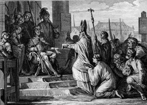 Charlemagne (747-814), king of the Franks, receiving the iron crown of Lombardy from the hands of the bishop of Milan, 774. Engraving by Jean Michel Moreau, dit Moreau le Jeune (1741-1814) by Jean Michel the Younger Moreau
