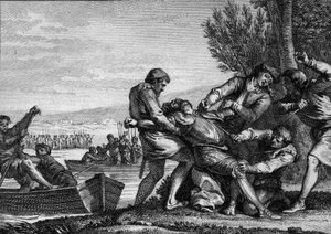 Death of William I of Normandy (910-942), assassinated by Flemish in Piquigny (Somme), 943. Engraving by Jean Michel Moreau, dit Moreau le Jeune (1741-1814)