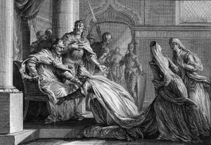 Emma of France prostrates to her feet. Married to Raoul of Burgundy, she decided to give the crown of France to her husband (engraving) by Jean Michel the Younger Moreau