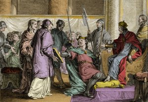 Erispoe, King of Brittany received the ornaments of the kingdom from the hands of Charles II the Bald, 851. Engraving by Jean Michel Moreau