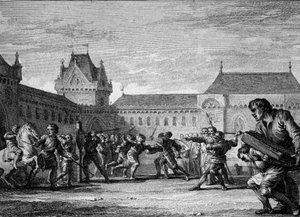 Institution of pages: establishment of training in the physical and domestic tasks of the page metier. Carolingian period, reign of Charlemagne, 8th-9th century. Engraving by Jean Michel Moreau, dit Moreau le Jeune (1741-1814)