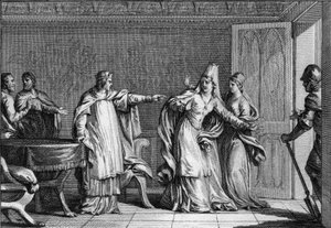 Louis V the Faineant (966-987), King of the Franks, expels his mother, Queen Emma of Italy (945-988), accused of poisoning her husband, King Lothaire (941-986), 987. Engraving by Jean Michel Moreau, dit Moreau le Jeune (1741-1814) by Jean Michel the Younger Moreau