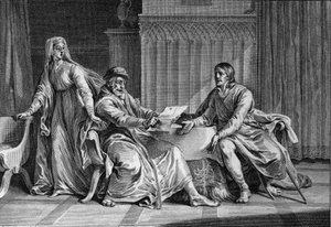 Louis the Fat (1081-1137) shows his father, Philip I (1052-1108), the letter in which he allegedly asked the King of England to assassinate Louis. Bertrade de Montfort (ca. 1070-1118), wife of Philippe and supposed author of the letter, is also present by Jean Michel the Younger Moreau