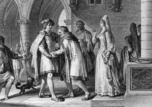 Philip I (1052-1108), King of the Francs, visiting the court of the Count of Anjou, Foulques le Rechin (1042-1109). This journey is a pretext for arranging his marriage to Bertrade de Montfort (around 1070-1118), wife of Count. 1095. Engraving by Jean Mich by Jean Michel the Younger Moreau