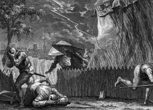 Siege of Poitiers, 954: during a storm, a light destroyed the tent of Hugues the Great (897-956). Engraving by Jean Michel Moreau, dit Moreau le Jeune (1741-1814)
