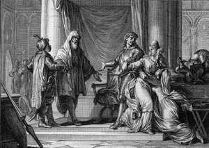 The Princess of Aquitaine, Lampagie, was forcibly married by her father (Eudes) to Moorish captain Munuza (Uthman ibn Naissa) in order to secure peace with the Saracens, 730. Engraving by Jean Michel Moreau, dit Moreau le Jeune (1741-1814) by Jean Michel the Younger Moreau