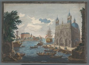 View of a Gothic Cathedral by the Water by Jean Moyreau