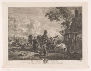 Riders at a Blacksmith Le Travail du Maréchal (title on object) Prints after Paintings by Philips Wouwerman (series title) Oeuvres de Ph.pe Wouwermans Hollandois (series title) by Jean Moyreau