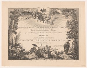 Title Print with Figures and Animals in a Landscape, with the Portrait of Philips Wouwerman (Prenten naar schilderijen door Philips Wouwerman) by Jean Moyreau