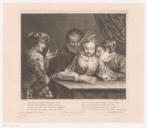 Young Woman Singing and Three Young Men at a Table Oeuvre of Antoine Watteau (series title) by Jean Moyreau
