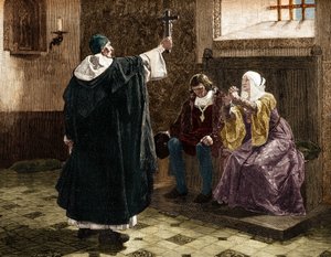 The great Spanish inquisitor, Fray Tomas de Torquemada, among the Catholic kings Ferdinand II and Isabella I of Castile by Jean Paul (after) Laurens