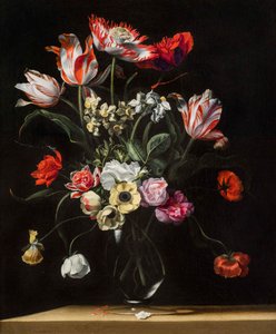 Tulips, Daffodils, Carnations, Poppies, Anemones, and Other Flowers in a Glass Vase on a Wooden Ledge