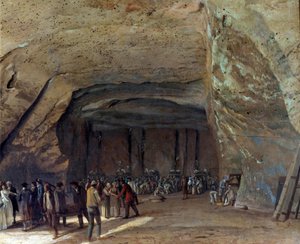 Cave used as warehouse for salt in Dieppedalle circa 1789. Workers in a salt quarry. Painting by Jean Pierre Houel