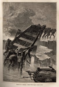 After the destruction of their camp, the crew of La Hansa carries boats and material from one iceberg to another. Engraving illustrating a voyage