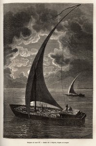 The boats of the upper Nile, reduced crew and passengers sleeping on deck, in moonlight, engraving after J.Moynet