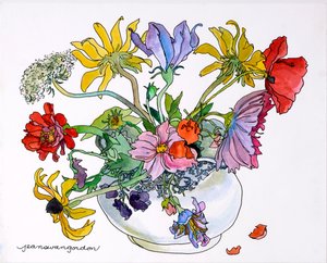 Black Eyed Susans, Queen Anne’s Lace & Cosmos in Blue & White China Bowl