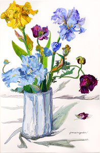 Irises, Poppies in Silver Vase