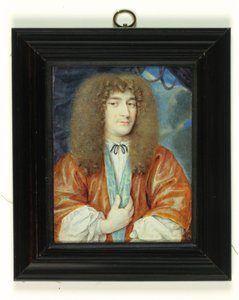 A Gentleman in white shirt and orange gown lined with blue silk, long light brown wig