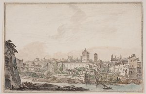 Cityscape with Houses and Church by the River. Ancient Rome