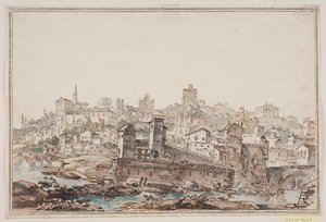 Cityscape with Houses and Church by the River. Ancient Rome