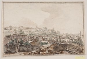 Cityscape with houses and wall by river; in the background churches and palaces by Jens Petersen Lund
