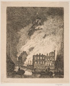 Fire in a Large Building by a River by Jes Bundsen