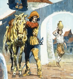 Unidentified Picture of Cavalier Outside an Inn with Horse by Jesus Blasco