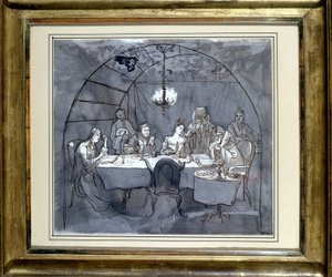 Feast of Tabernacles at the Restaurant Kasher by the Family of Moses Ulmann. Drawing on Paper, Pen Wash in 1831. Jewish Museum Basel, Switzerland. by Jewish School