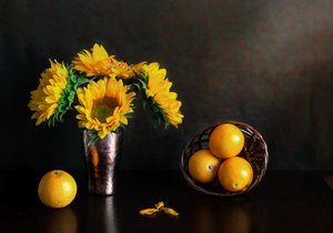 Golden Sunflowers and Oranges by Jie Fischer