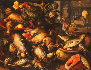 Game, Fish, Fruit and Vegetables in Baskets and Bowls in a Larder