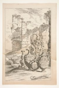 A Candlestick and Handled Ornamental Ewers in a Landscape with Ruins, from Sculpturae Veteris Admirata by Joachim von Sandrart