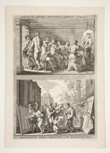 Composite of Zeuxis and Juno with Five Girls, Parrhasius with a Veil, Bird and Deceiver of Grapes by Joachim von Sandrart