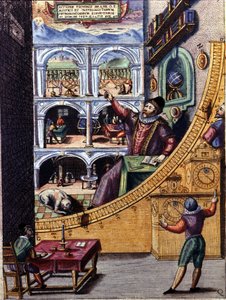 Danish astronomer Tycho Brahe (1546 - 1601) in his observatory in Uranienburg - colour engraving by Atlas Major Ssive and cosmographed Blavania labores and sumptibus by Johannis Blaev