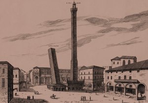 The Two Towers (Asinelli and Garisenda), Bologna, Emilia-Romagna, Italy, copper engraving by Joan Blaeu