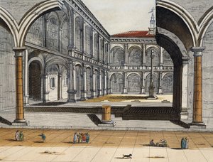 View of inner courtyard of old University in Bologna, Joan Blaeu, engraving, Italy by Joan Blaeu