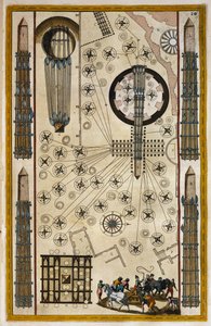 Winches for moving obelisk, engraving from Theatrum civitatum et admirandorum Italiae, by Joan Baleu