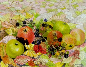 Apples and Blackberries on Autumn Leaves