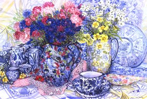 Cornflowers with Antique Jugs and Patterned Fabrics, 2012 by Joan Thewsey