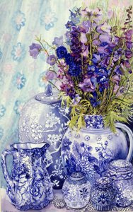 Delphiniums with Antique Blue Pots by Joan Thewsey