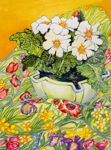 Pale Primrose in a Pot with Spring-flowered Textile