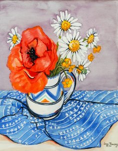 Red Oriental Poppy and Marguerites in a Honiton Jug, 2005 by Joan Thewsey