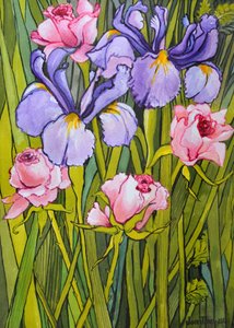 Roses and Irises in the Garden, 2003 by Joan Thewsey