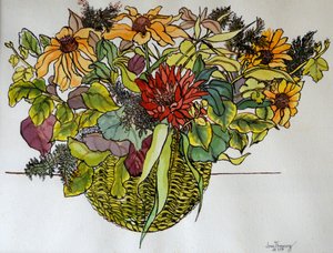 Rudbeckia with foliage in a basket, 2011