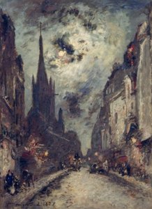 Rue St. Jacques with St. Séverin Church by Moonlight by Johan Barthold Jongkind