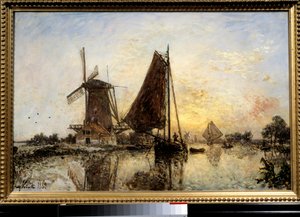 Dutch Landscape, Boats Near the Mill